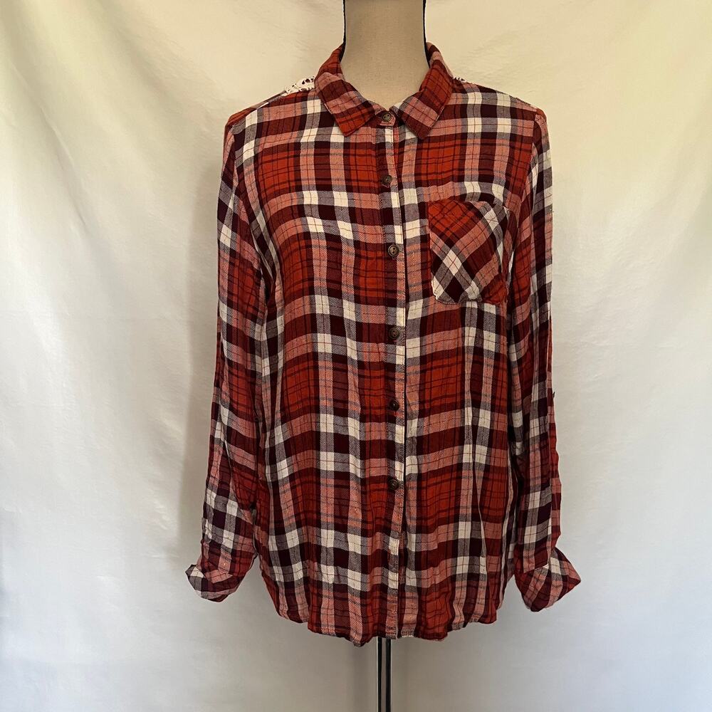Linda Anderson Crochet Back Plaid Womens Shirt Sz S Boho Western Indie Grunge - Picture 15 of 15